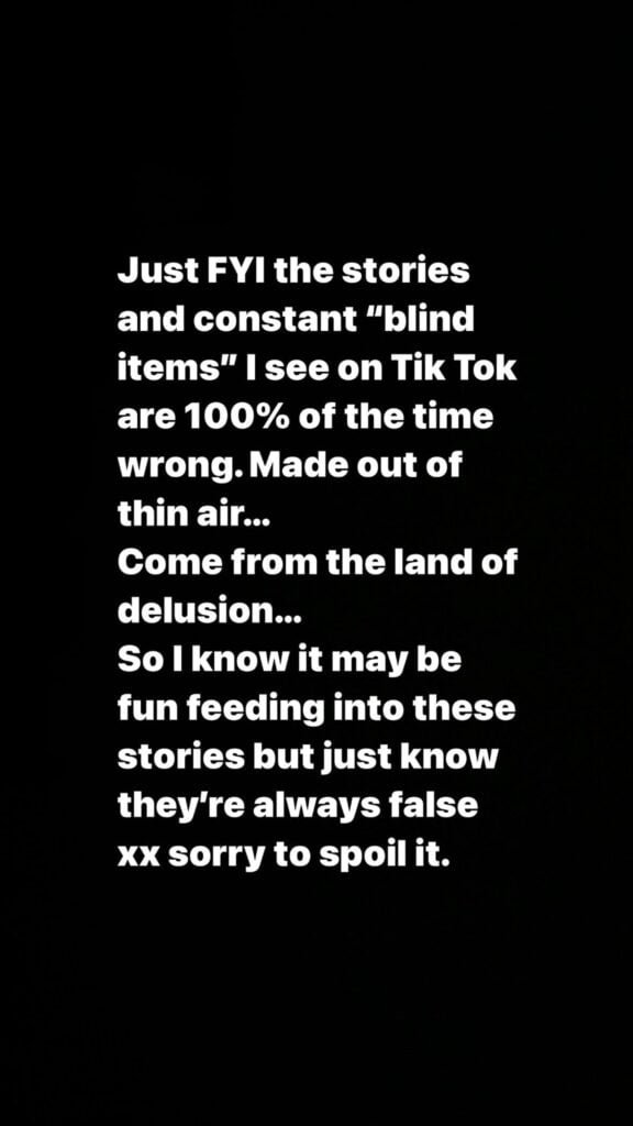A screenshot of Hailey Bieber's Instagram Story, with words railing against "blind items" on TikTok.
