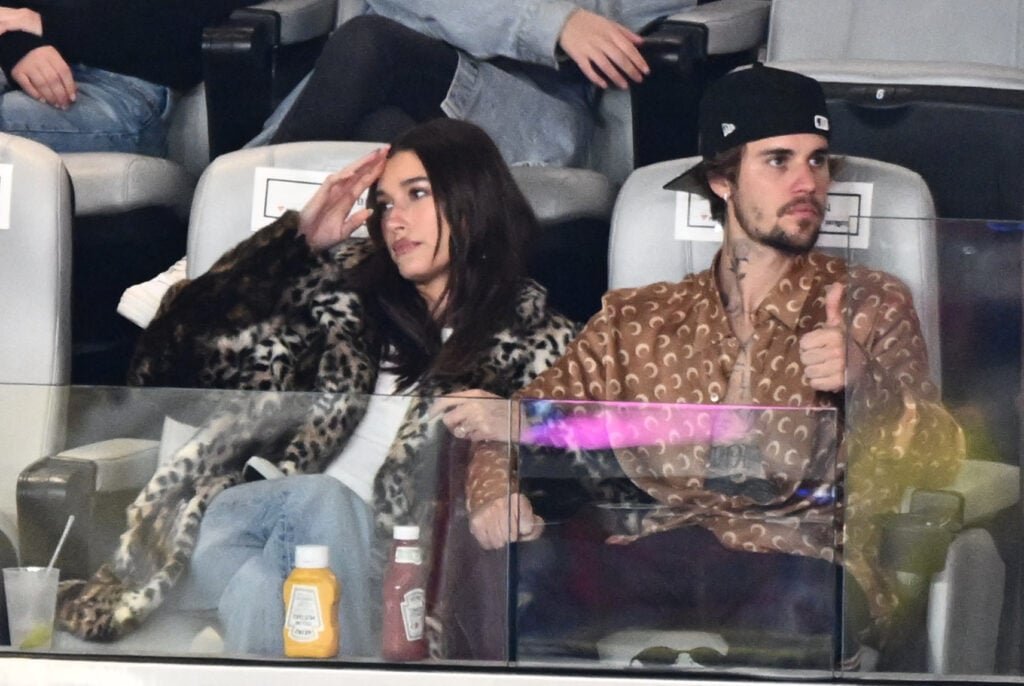 Hailey Bieber and Justin Bieber at the 2024 Super Bowl.